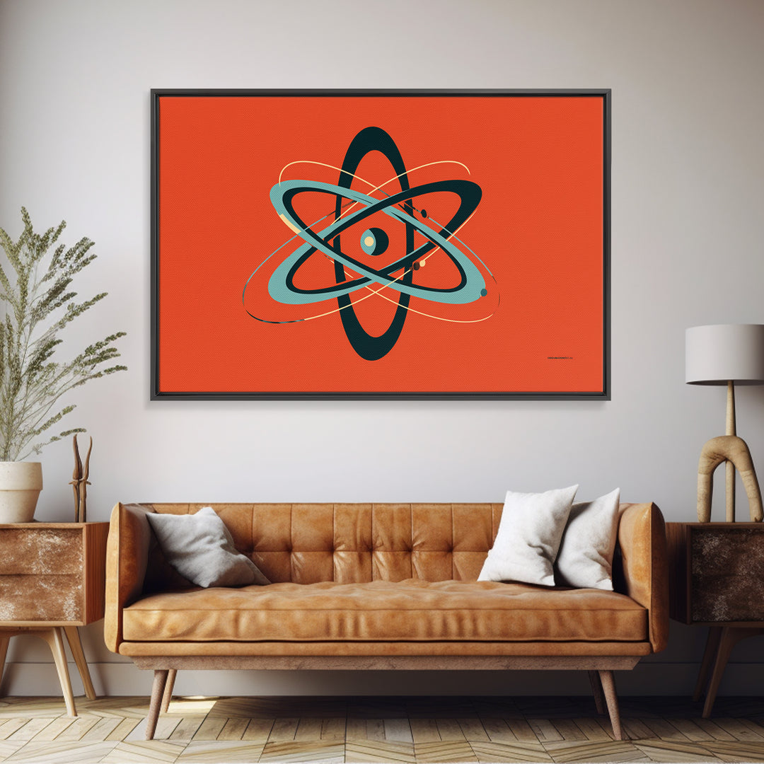 Teal Black Atomic Orbit On Orange Framed Canvas Print, Retro Modern Poster, Midcentury Wall Art, Bold MCM Wall Decor Art