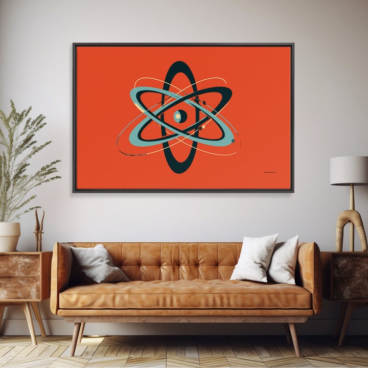 Teal Black Atomic Orbit On Orange Framed Canvas Print, Retro Modern Poster, Midcentury Wall Art, Bold MCM Wall Decor Art