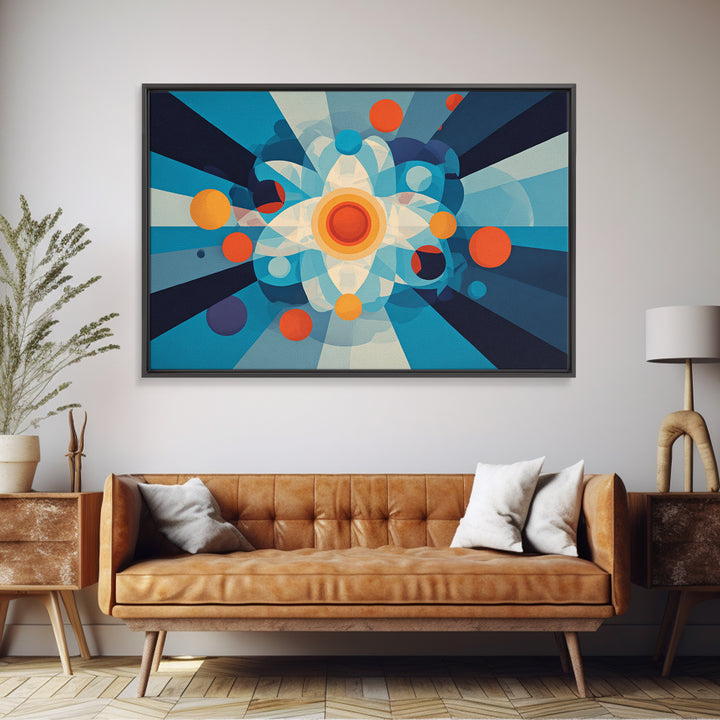 Geometric Atomic Burst With Circles Wall Art, Midcentury Modern Art, Blue Orange Abstract Poster, Statement Wall Decor Art