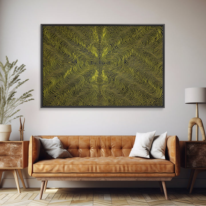 Yellow Topographic Line Optical Wall Art, Modern Abstract Op Art Print, Black Geometric Decor, Trippy Minimal Poster For Living Room