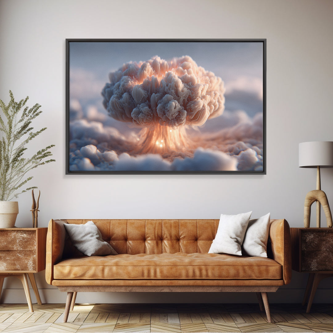 Dreamy Peach Mushroom Cloud Framed Canvas Print, Modern Abstract Art, Surreal Cloudscape, Soft Pastel Bedroom Decor, Gallery Wall Art