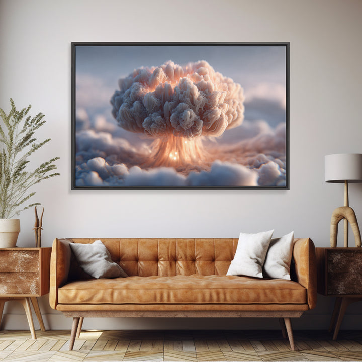 Dreamy Peach Mushroom Cloud Framed Canvas Print, Modern Abstract Art, Surreal Cloudscape, Soft Pastel Bedroom Decor, Gallery Wall Art