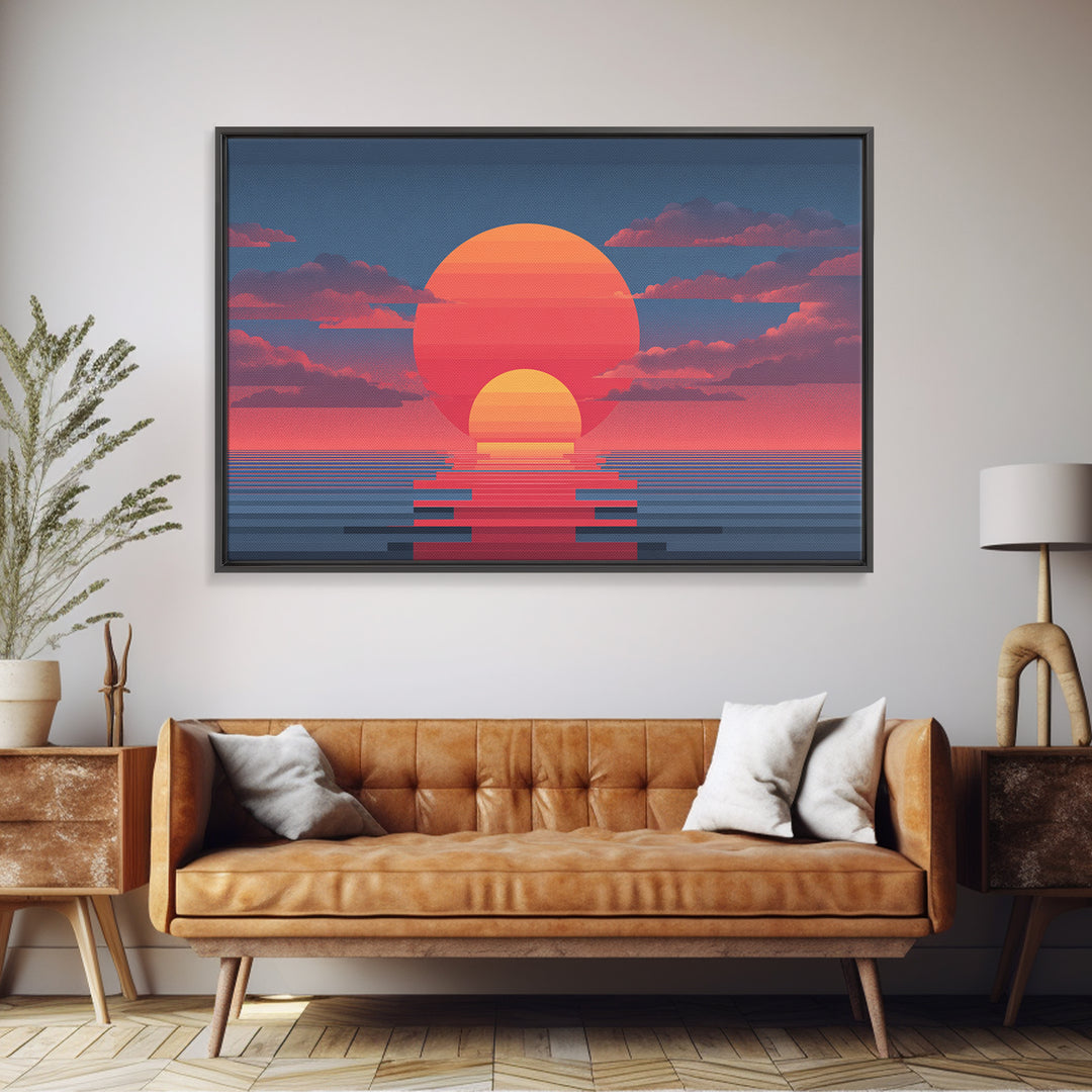 Retro Double Sun Ocean Wall Art, Midcentury Modern Art Print, Vaporwave Sunset Poster, Pink Blue Living Room Decor, Digital Art Print