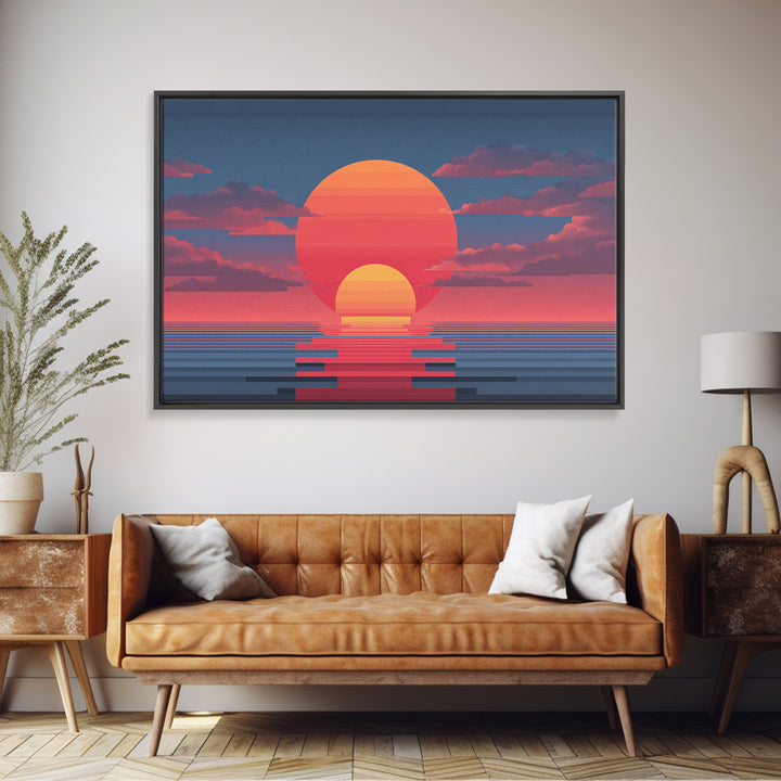 Retro Double Sun Ocean Wall Art, Midcentury Modern Art Print, Vaporwave Sunset Poster, Pink Blue Living Room Decor, Digital Art Print