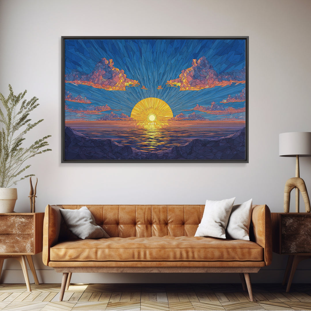 Polygon Sunset Ocean Framed Canvas Print, Midcentury Modern Wall Art, Geometric Seascape Poster, Colorful Home Decor, Blue Art Print