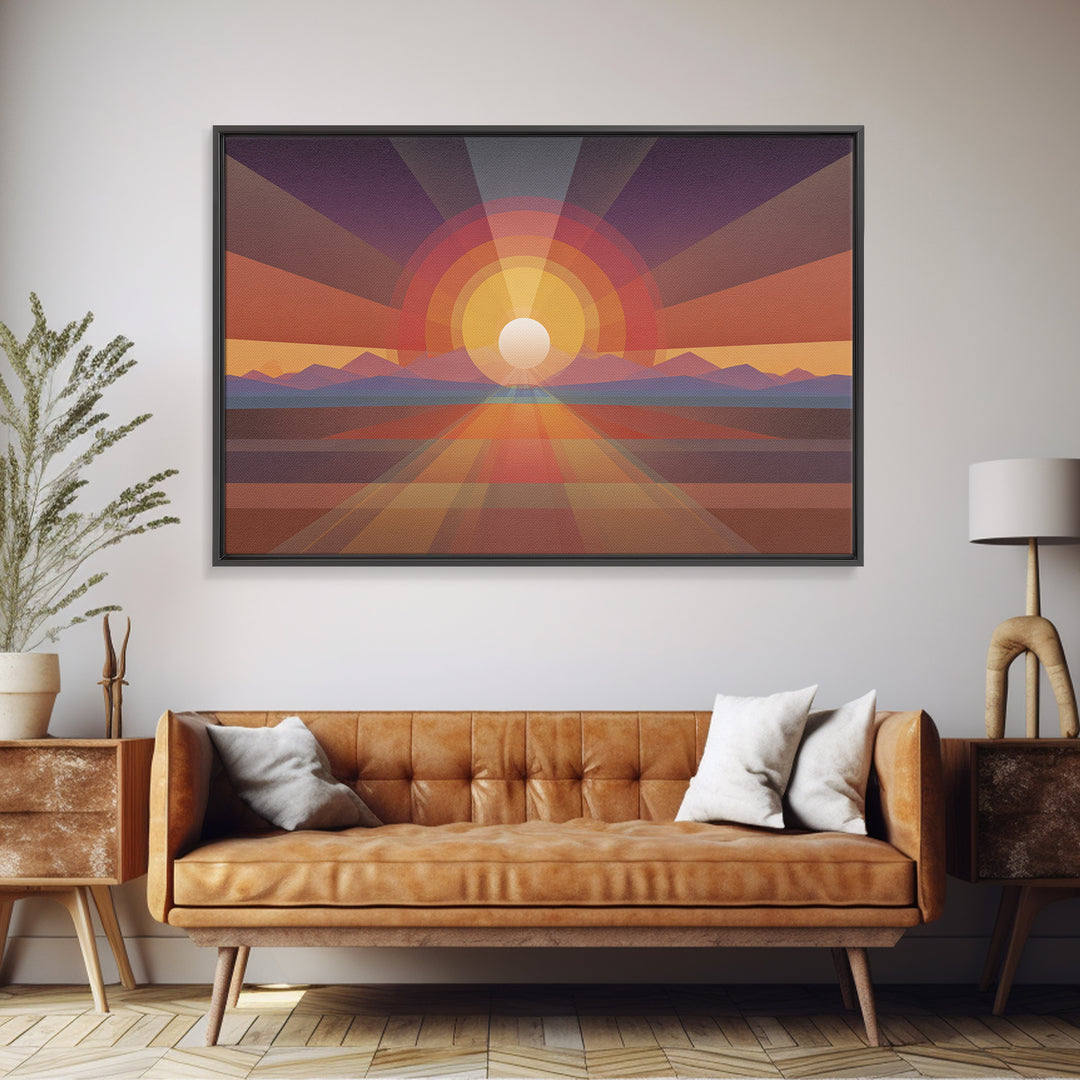 Geometric Desert Sunrise Wall Art, Midcentury Modern Abstract Art, Orange Sun Poster, Boho Southwestern Home Decor, Canvas Print
