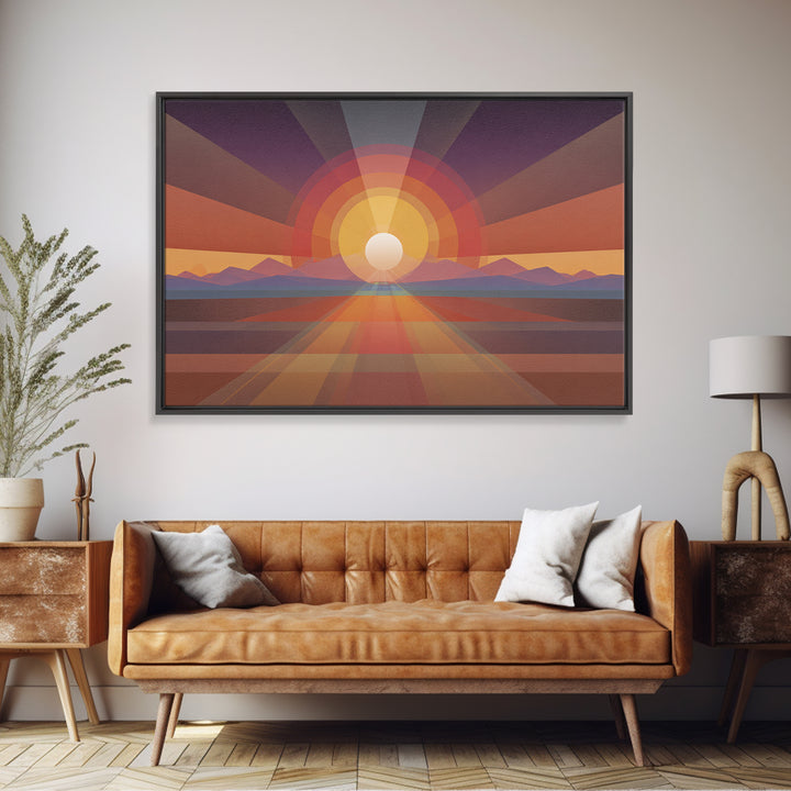 Geometric Desert Sunrise Wall Art, Midcentury Modern Abstract Art, Orange Sun Poster, Boho Southwestern Home Decor, Canvas Print