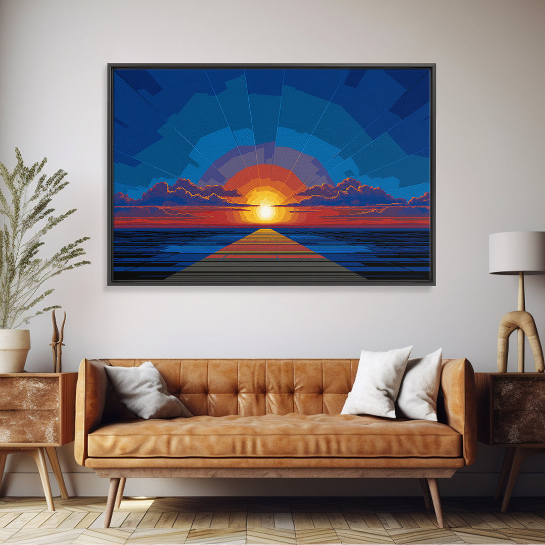 Bold Blue Sunset Pier Canvas Print, Retro Modern Wall Art, Midcentury Ocean Poster, Graphic Living Room Wall Decor, Large Art Print