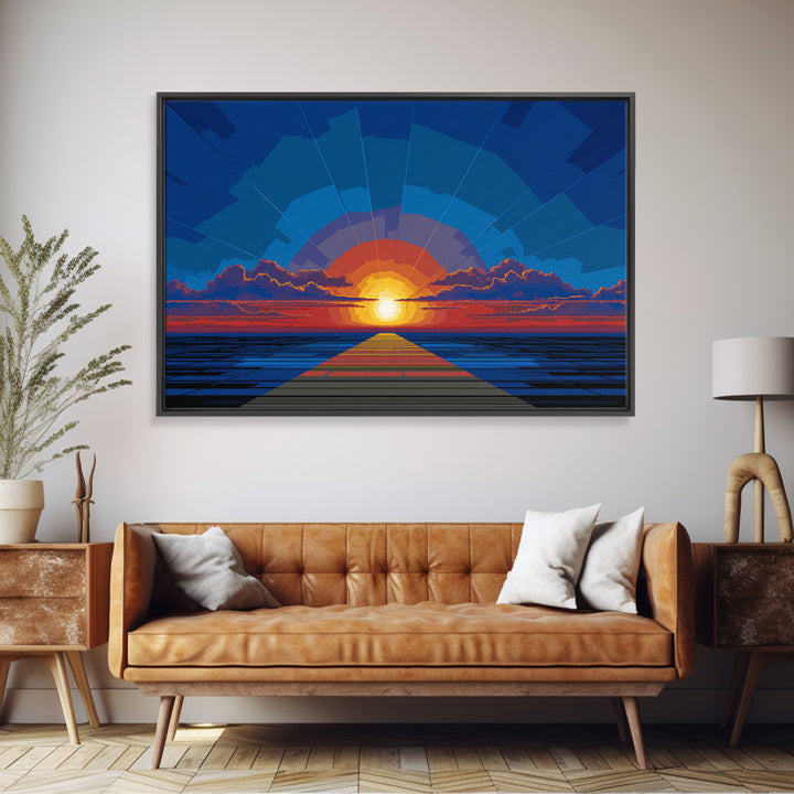 Bold Blue Sunset Pier Canvas Print, Retro Modern Wall Art, Midcentury Ocean Poster, Graphic Living Room Wall Decor, Large Art Print