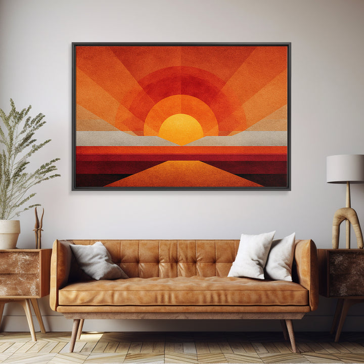 Orange Desert Sun Road Wall Art, Midcentury Modern Poster, Abstract Geometric Landscape, Burnt Orange Home Decor, Canvas Print