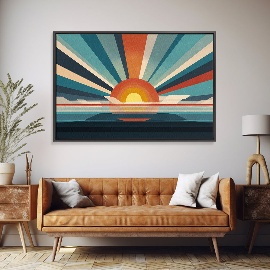 Retro Radial Sunrise Ocean Framed Canvas Print, Midcentury Modern Wall Art, Teal Orange Poster, Atomic MCM Decor, Living Room Art