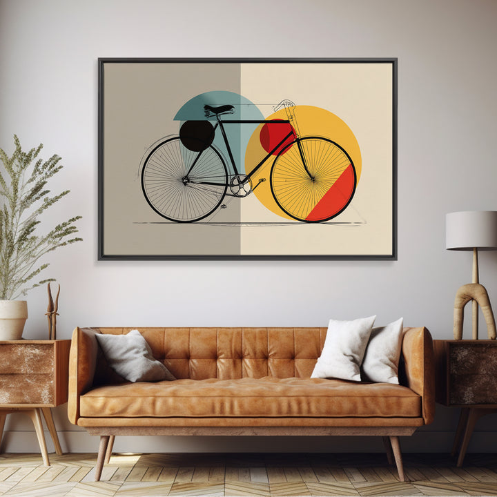Minimalist Bicycle Framed Canvas Print, Midcentury Modern Wall Art, Orange Yellow Circle Decor, Geometric Bike Poster Gift