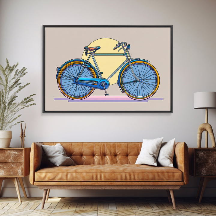 Blue Cruiser Bicycle Canvas Print, Midcentury Modern Wall Art, Retro Bike Poster, Yellow Sun Decor For Home Office Decor Gift