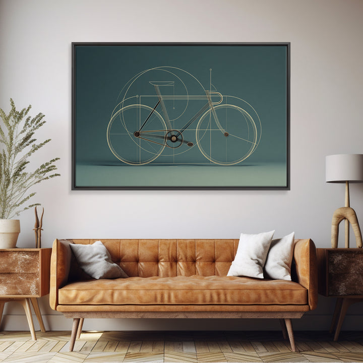 Minimal Line Bicycle Framed Canvas Print, Midcentury Modern Wall Art, Teal Geometric Bike Decor, Office Poster Print Gift