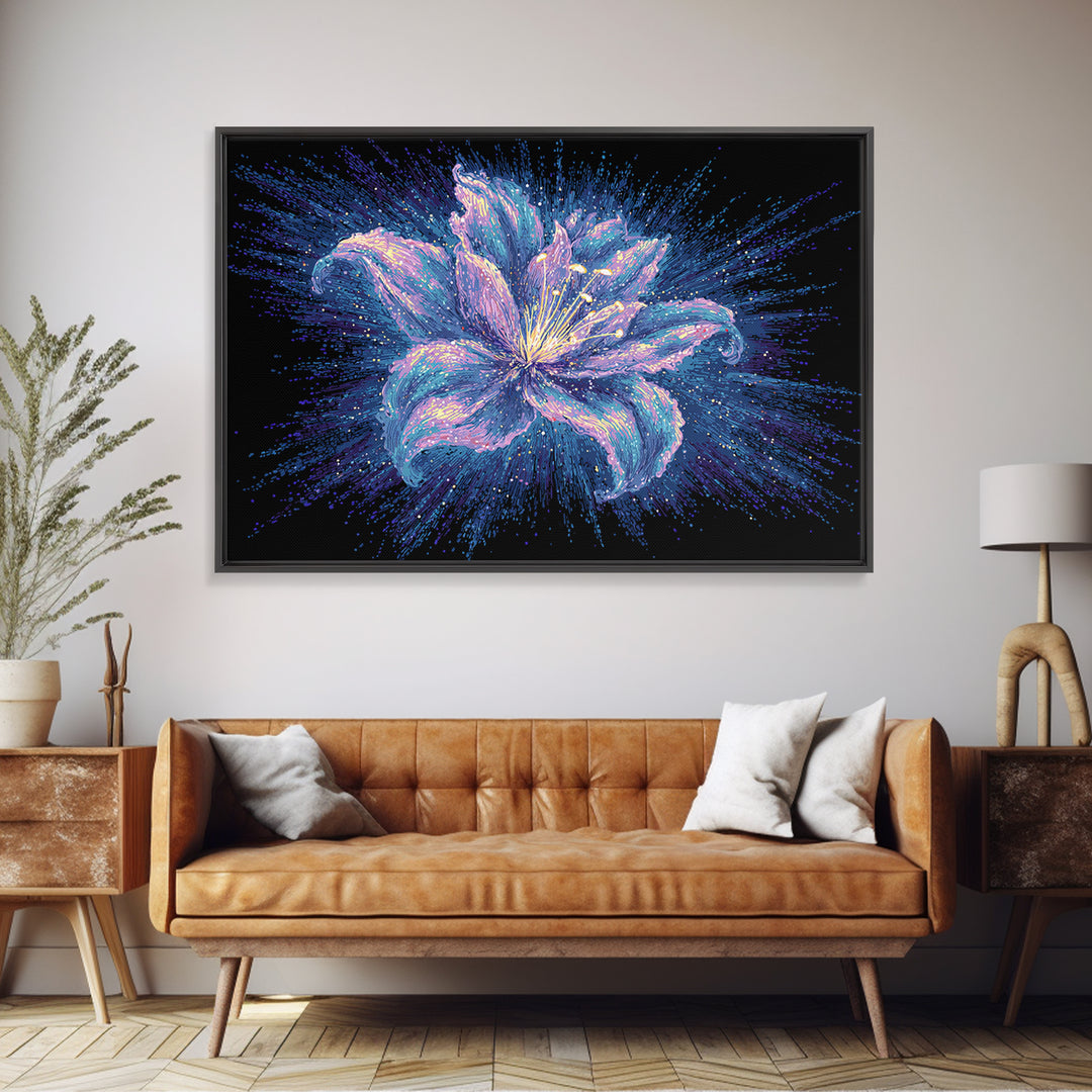 Electric Purple Lily Canvas Print, Glowing Botanical Flower, Cosmic Floral Wall Decor, Modern Abstract Art For Bedroom Decor