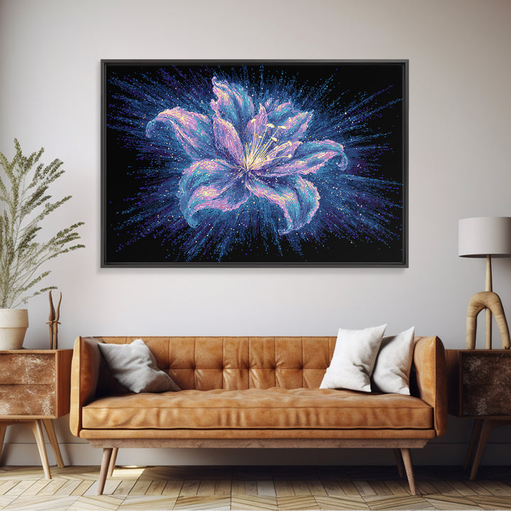 Electric Purple Lily Canvas Print, Glowing Botanical Flower, Cosmic Floral Wall Decor, Modern Abstract Art For Bedroom Decor