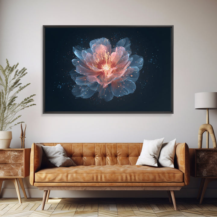 Luminous Peach Blue Blossom Framed Canvas Print, Ethereal Flower Wall Art, Modern Botanical Decor, Romantic Bedroom Art Print