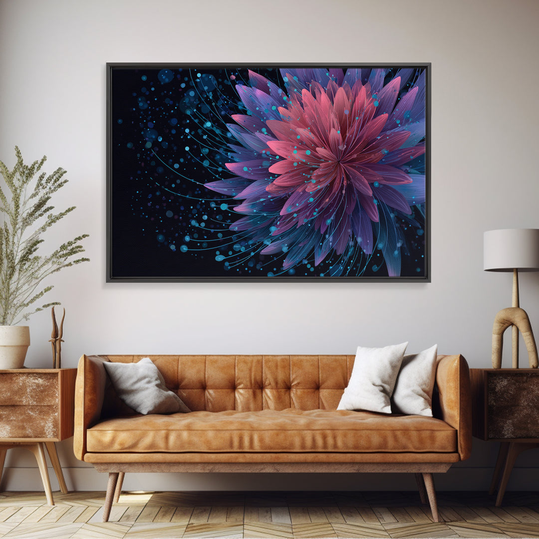 Magenta Purple Dahlia Wall Art, Electric Floral Abstract, Blue Splatter Botanical Poster, Modern Home Decor Canvas Print