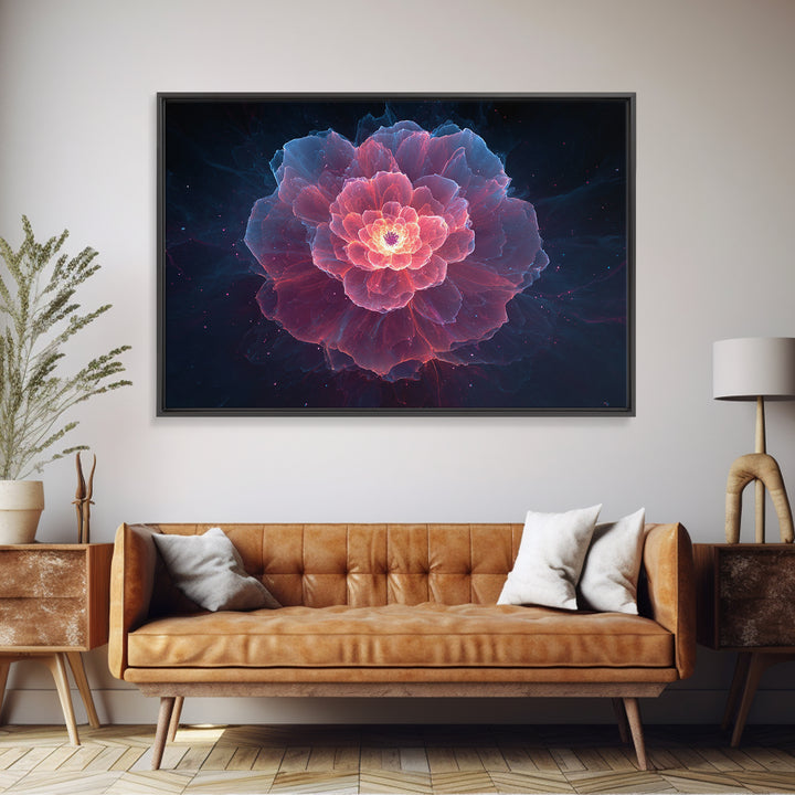 Glowing Pink Peony Canvas Print, Luminous Blue Floral Mandala, Modern Abstract Botanical Wall Art, Romantic Bedroom Decor