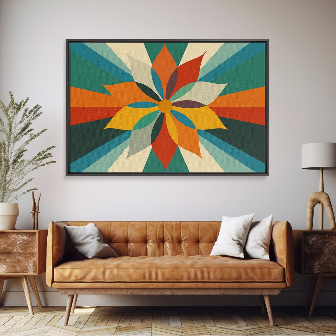 Geometric Orange Teal Flower Wall Art, Mid Century Modern Sunburst, Retro Atomic Floral Poster, Bold MCM Canvas Print Decor