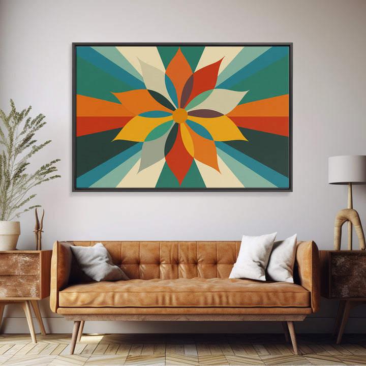 Geometric Orange Teal Flower Wall Art, Mid Century Modern Sunburst, Retro Atomic Floral Poster, Bold MCM Canvas Print Decor