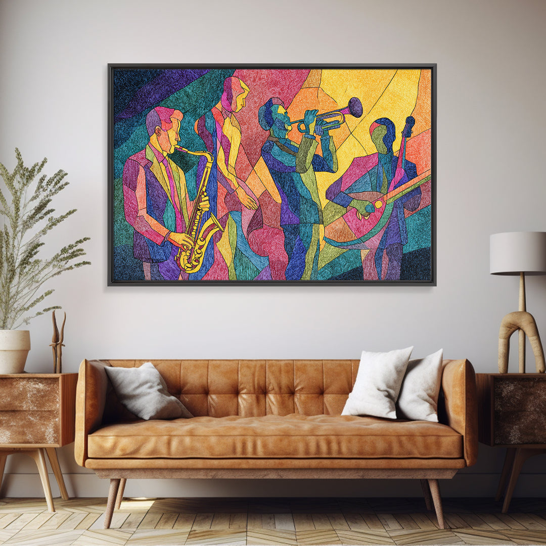 Colorful Cubist Jazz Band With Saxophone And Trumpet Wall Art, Midcentury Modern Art Print, Vibrant Music Room Decor, Poster