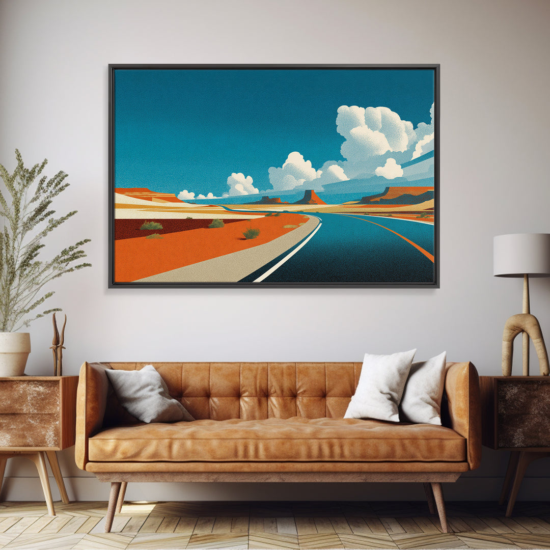 Retro Desert Highway Wall Art, Southwestern Road Landscape, Vintage Travel Poster Style, Mid Century Modern Canvas Print