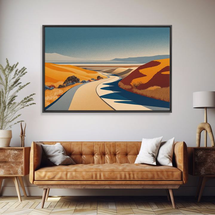 Golden Coastal Road And Orange Hills Wall Art, Midcentury Modern Desert Landscape, Retro Travel Poster, Scenic Home Decor