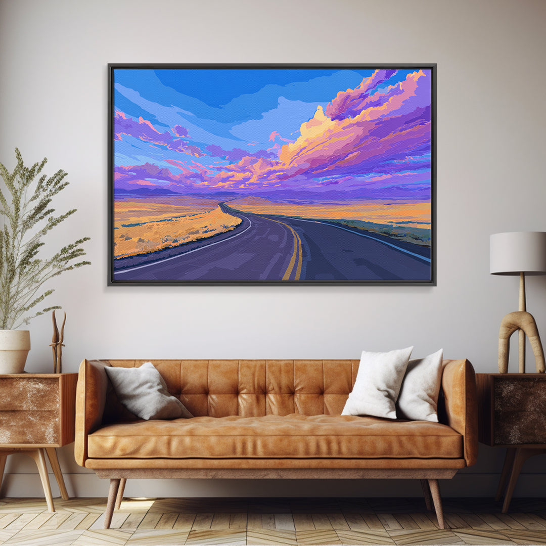 Purple Sunset Open Road Wall Art, Colorful Desert Landscape, Modern Art Print, Retro Poster, Living Room Home Office Decor
