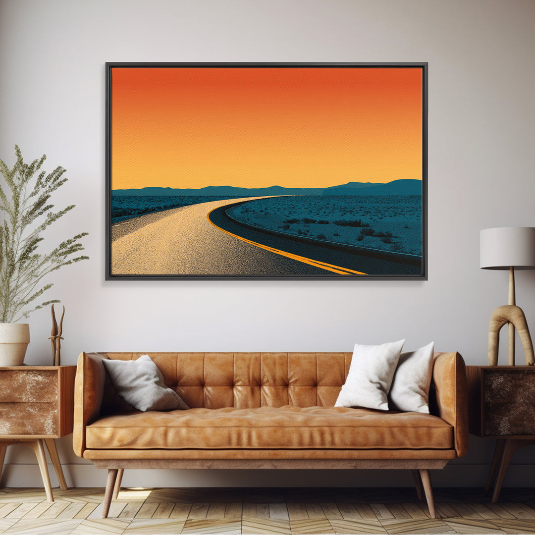 Minimal Desert Road At Orange Dusk Canvas Print, Midcentury Modern Wall Art, Retro Poster, Southwest Home Office Decor Gift