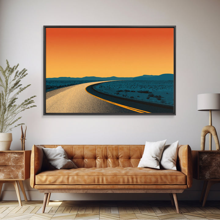 Minimal Desert Road At Orange Dusk Canvas Print, Midcentury Modern Wall Art, Retro Poster, Southwest Home Office Decor Gift