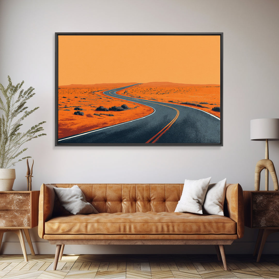 Orange Desert Highway Curve Wall Art, Minimalist Landscape, Midcentury Modern Art Print, Retro Road Poster, Mid Century Decor Gift