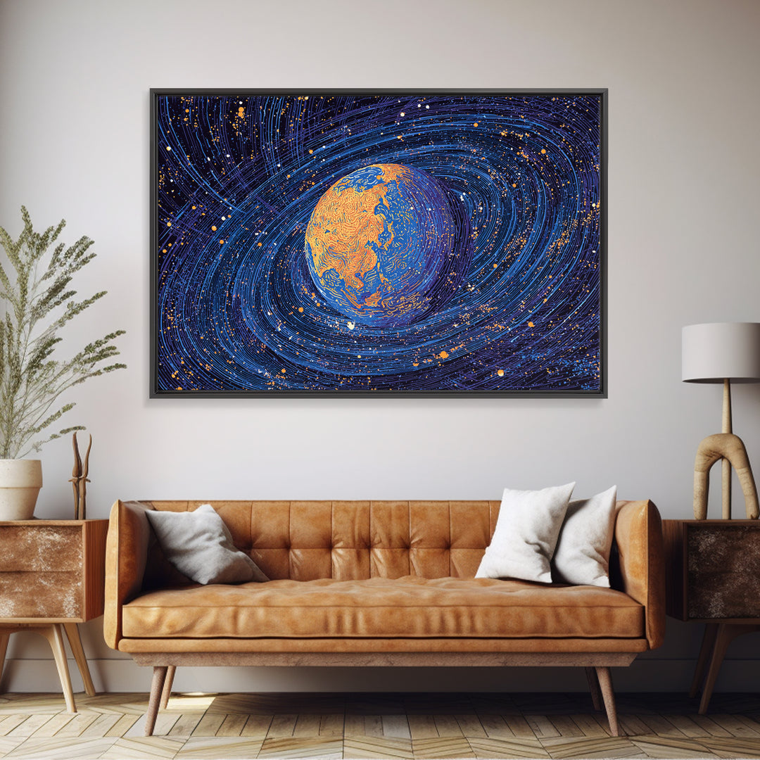 Swirling Blue Orange Planet Wall Art, Cosmic Abstract Space Poster, Modern Digital Art Print, Galaxy Decor, Science Gift