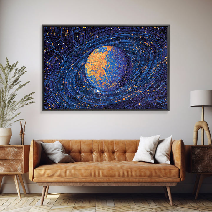 Swirling Blue Orange Planet Wall Art, Cosmic Abstract Space Poster, Modern Digital Art Print, Galaxy Decor, Science Gift