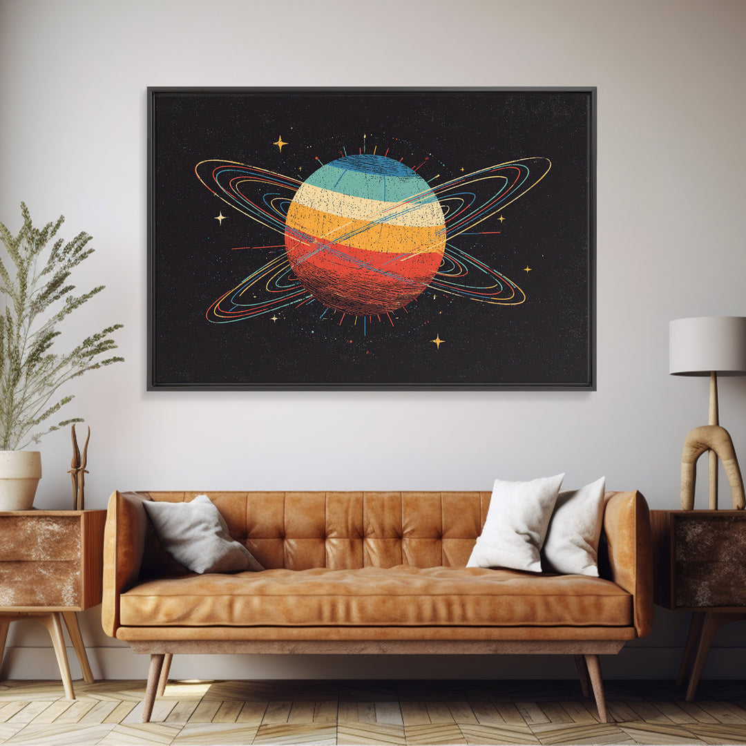Retro Ringed Planet Canvas Print, Saturn Inspired Space Abstract Art, Midcentury Modern Wall Home Decor, Cosmic Poster Gift