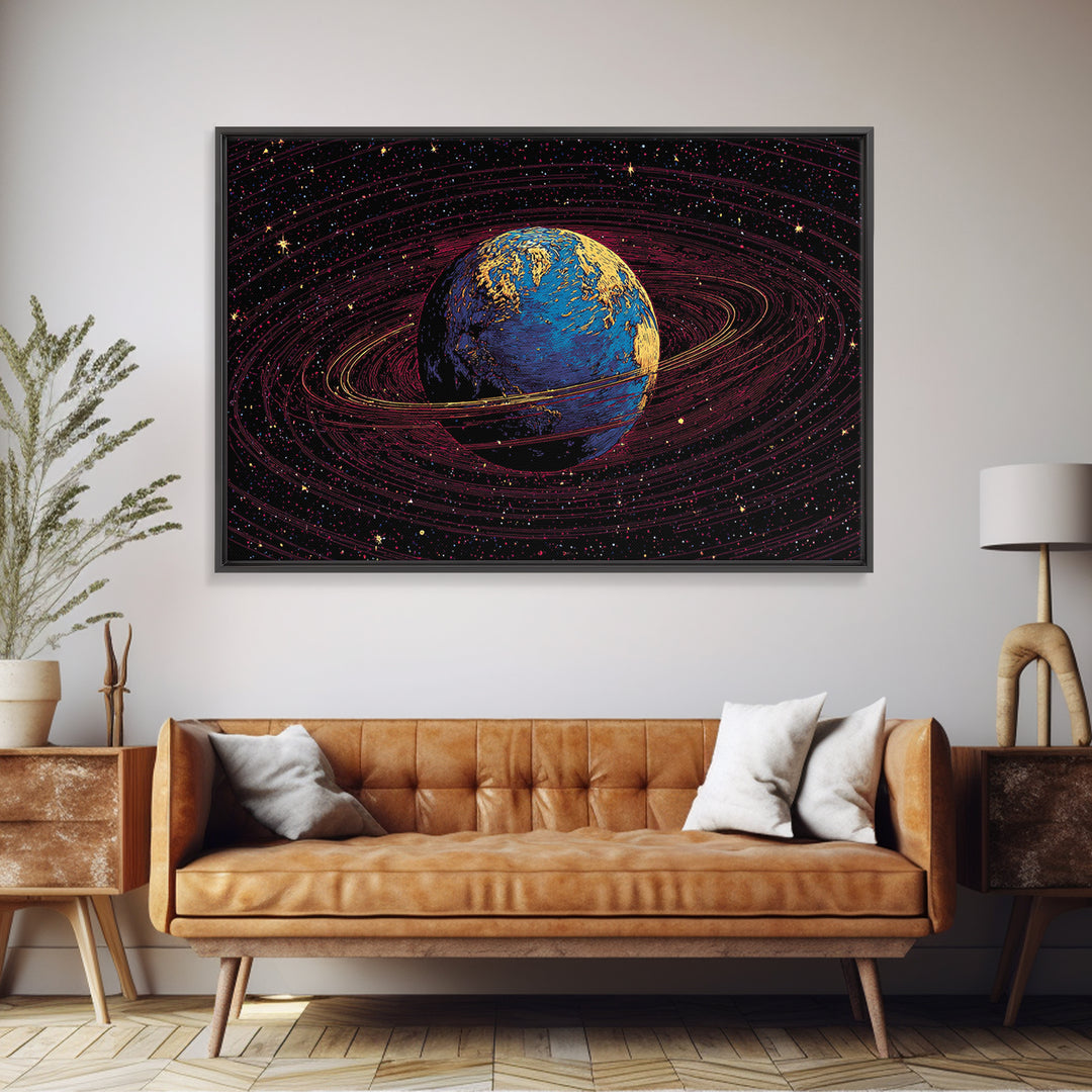 Blue Earth With Golden Rings Wall Art, Cosmic Abstract Space Poster, Modern Digital Art Print, Galaxy Home Office Decor Gift