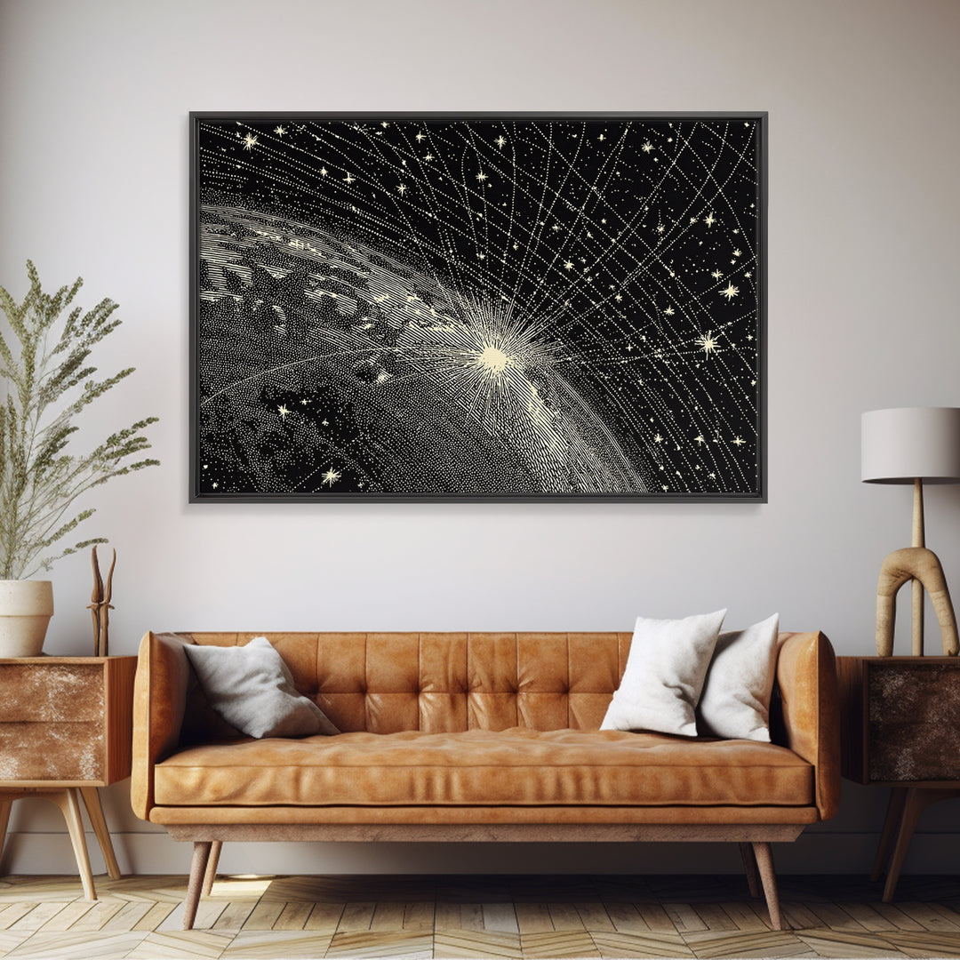 Black And White Earth Sunrise Wall Art, Celestial Space Illustration, Minimalist Art Print, Constellation Poster Decor Gift