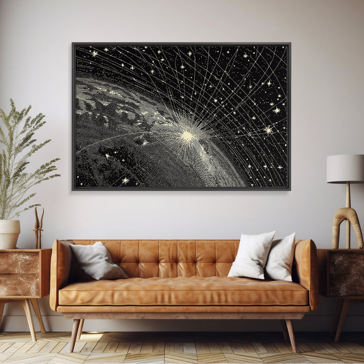 Black And White Earth Sunrise Wall Art, Celestial Space Illustration, Minimalist Art Print, Constellation Poster Decor Gift