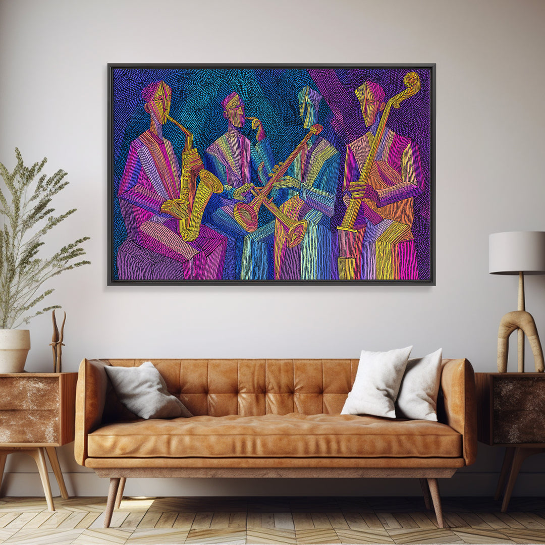 Neon Jazz Quartet With Saxophones And Upright Bass Canvas Print, Midcentury Modern Art, Colorful Retro Music Room Decor, Poster