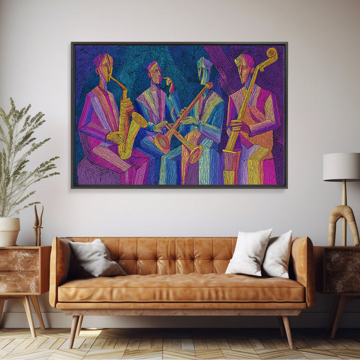 Neon Jazz Quartet With Saxophones And Upright Bass Canvas Print, Midcentury Modern Art, Colorful Retro Music Room Decor, Poster