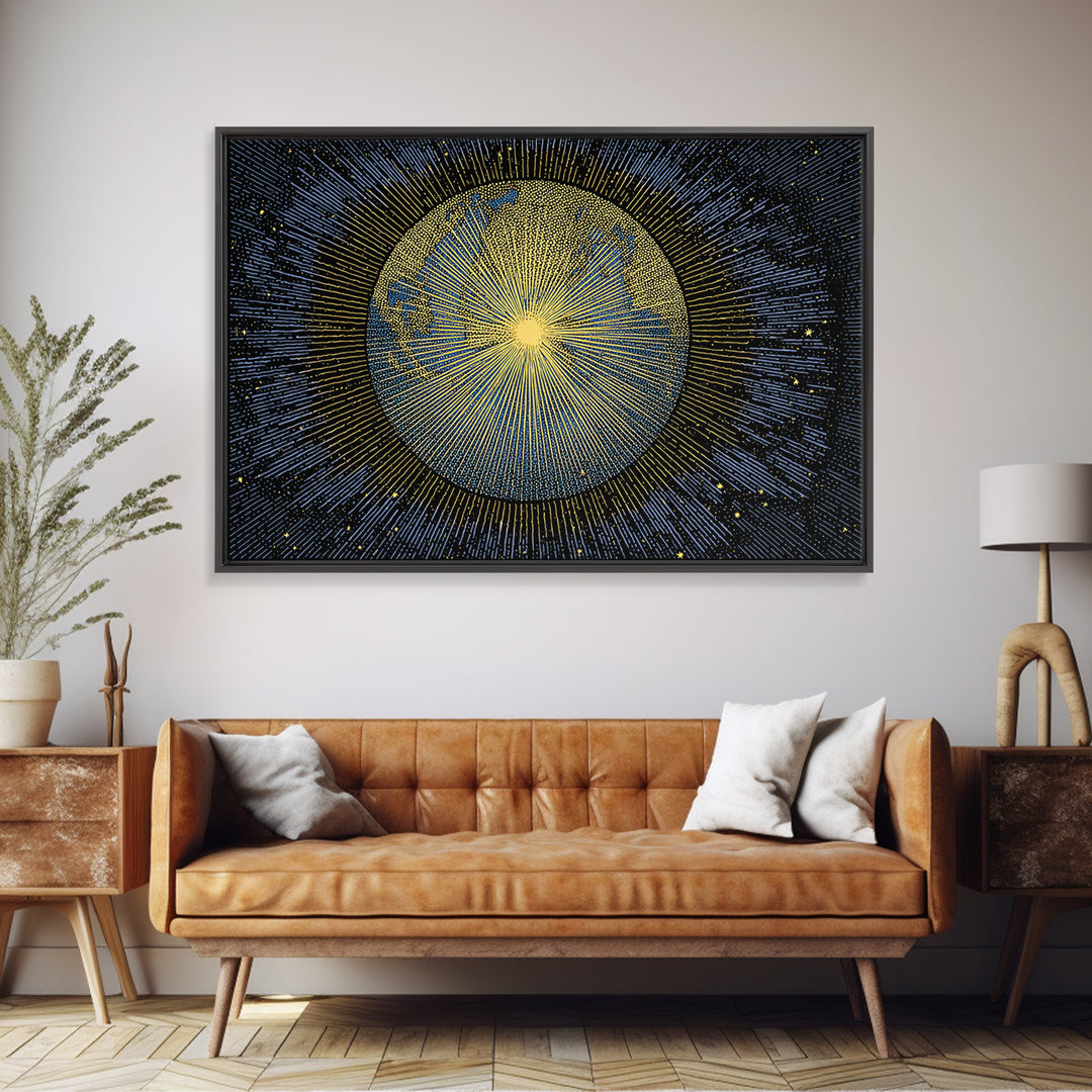 Golden Radiant Sun Planet Canvas Print, Cosmic Space Abstract Art, Midcentury Modern Wall Home Decor, Celestial Poster Gift
