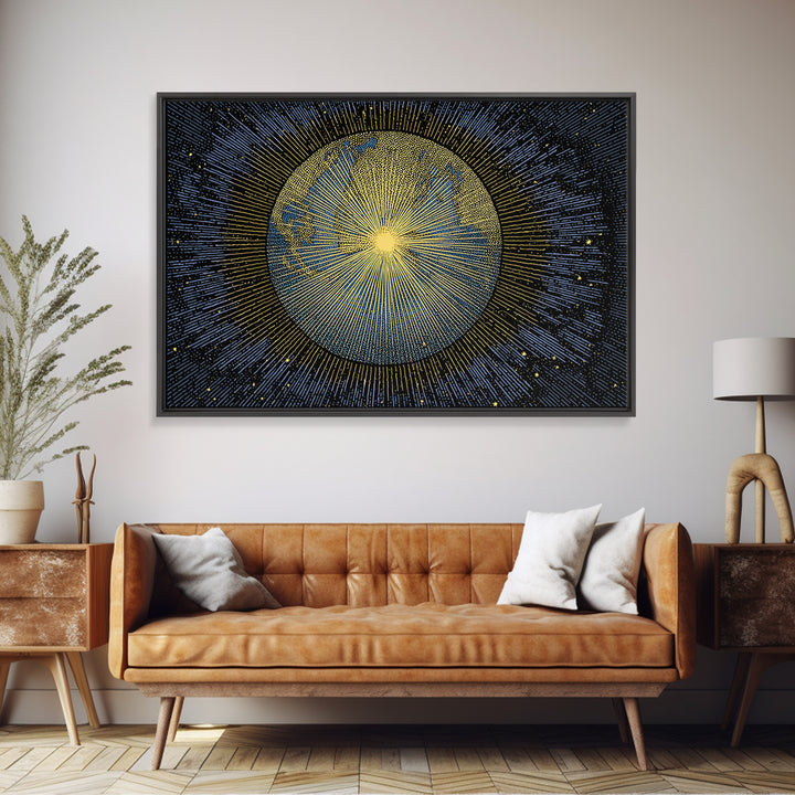 Golden Radiant Sun Planet Canvas Print, Cosmic Space Abstract Art, Midcentury Modern Wall Home Decor, Celestial Poster Gift