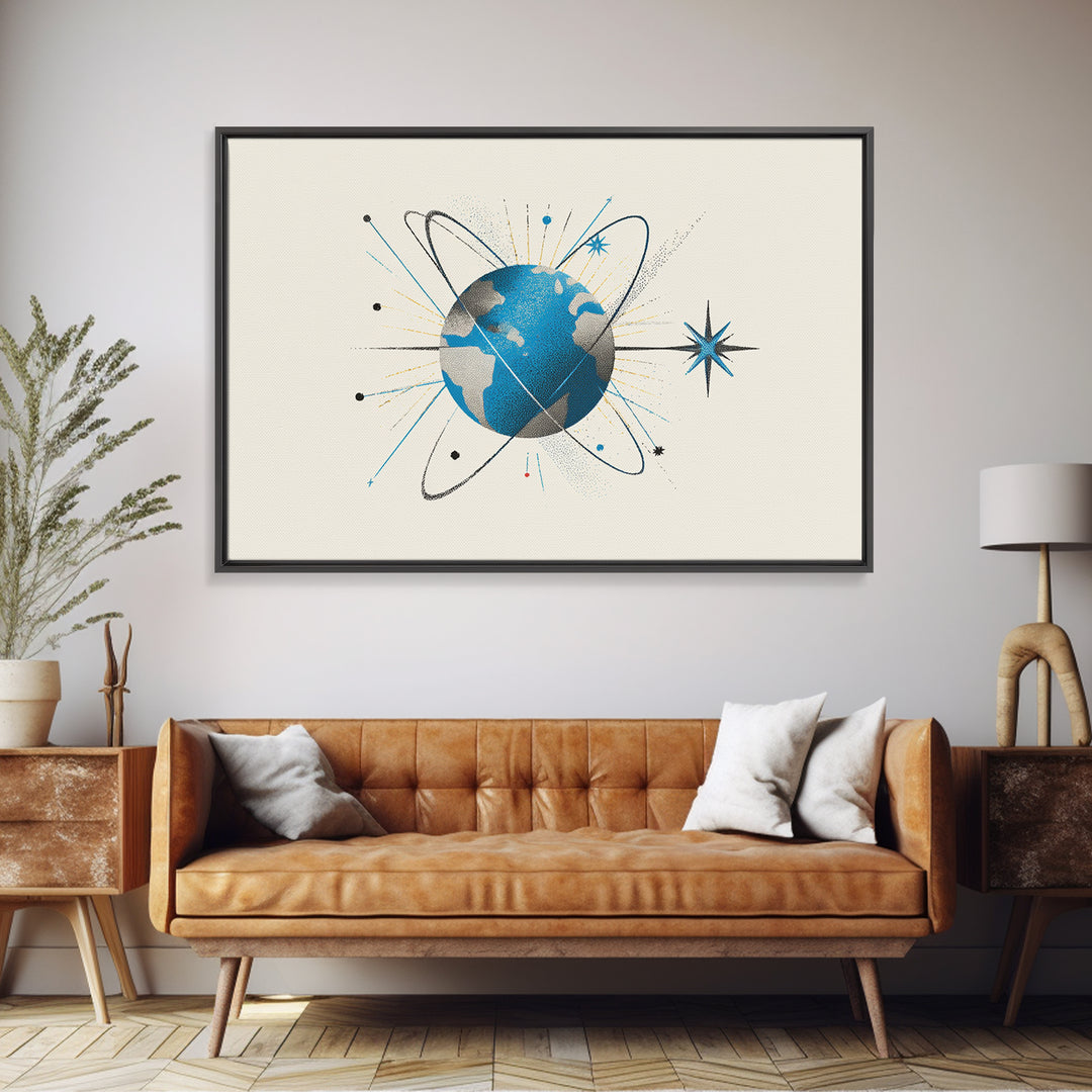 Atomic Blue Globe And Orbit Stars Wall Art, Midcentury Modern Space Poster, Retro Science Print, Cosmic Office Decor For MCM Home