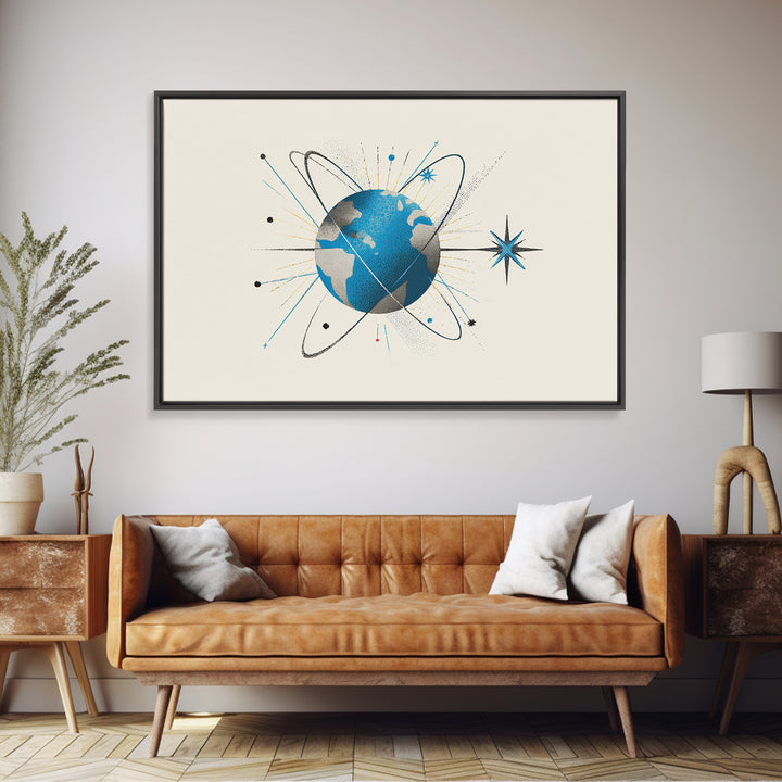 Atomic Blue Globe And Orbit Stars Wall Art, Midcentury Modern Space Poster, Retro Science Print, Cosmic Office Decor For MCM Home