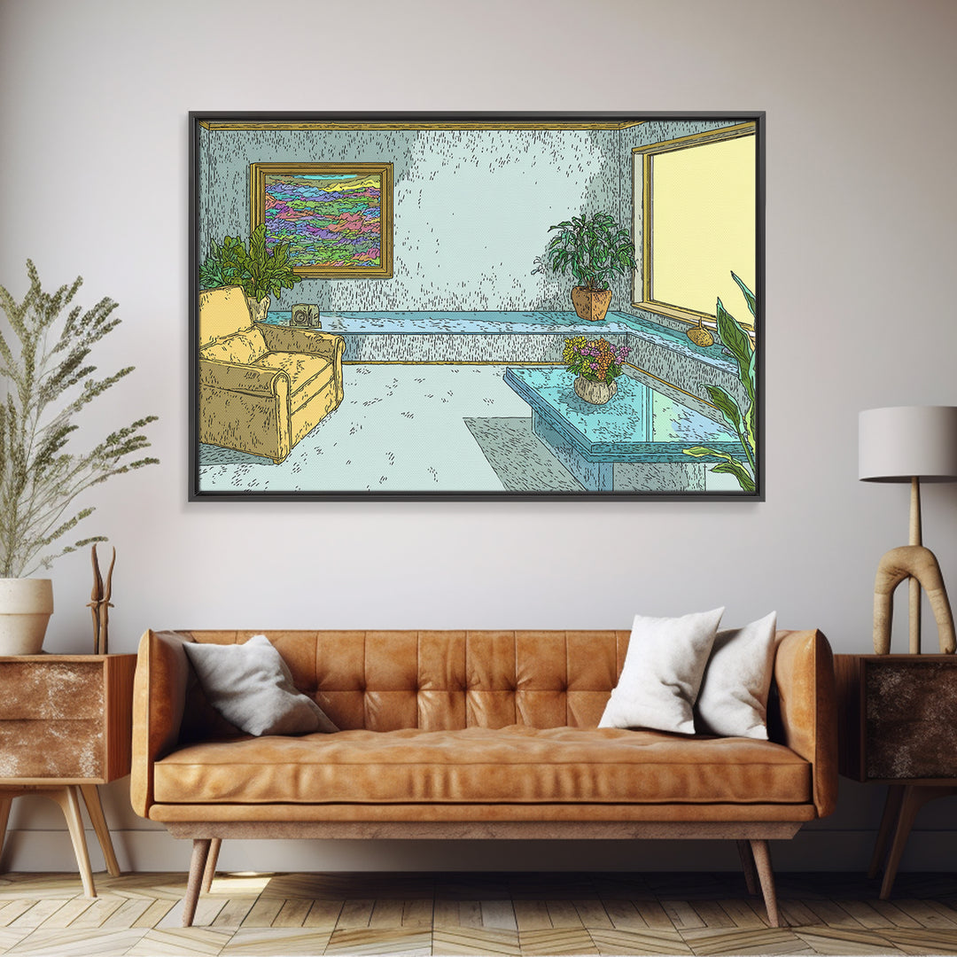Pastel Aqua Living Room With Yellow Chair Canvas Print, Midcentury Modern Wall Decor, Retro Interior Poster For Home Office
