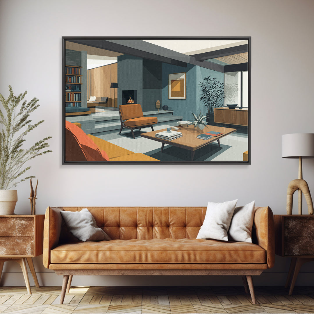 Teal Fireplace Living Room With Orange Sofa Framed Canvas Print, Midcentury Modern Wall Art, Retro MCM Home Decor, Office Poster
