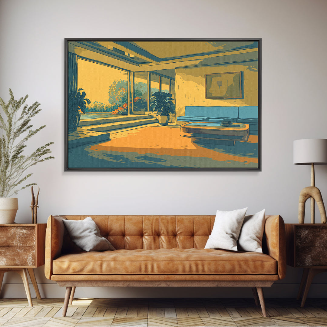 Sunlit Yellow And Teal Lounge With Plants Canvas Print, Midcentury Modern Wall Art, Retro Interior Decor For Living Room