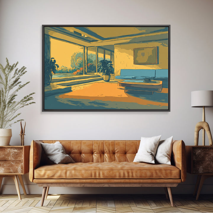 Sunlit Yellow And Teal Lounge With Plants Canvas Print, Midcentury Modern Wall Art, Retro Interior Decor For Living Room