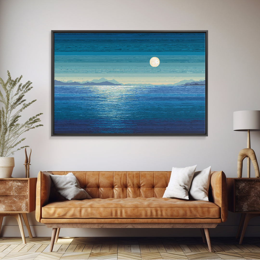 Blue Moon Over Ocean And Distant Mountains Wall Art, Coastal Landscape Print, Modern Home Decor, Serene Bedroom Poster Gift