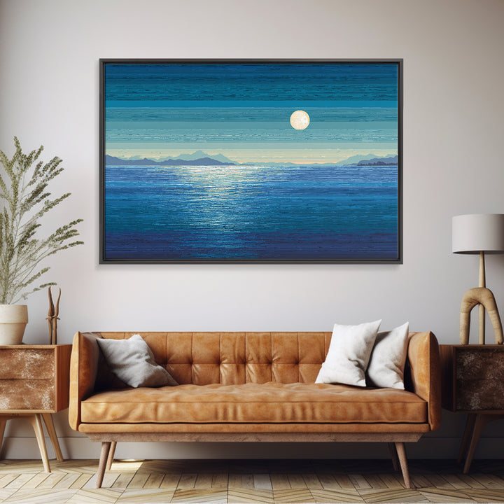 Blue Moon Over Ocean And Distant Mountains Wall Art, Coastal Landscape Print, Modern Home Decor, Serene Bedroom Poster Gift